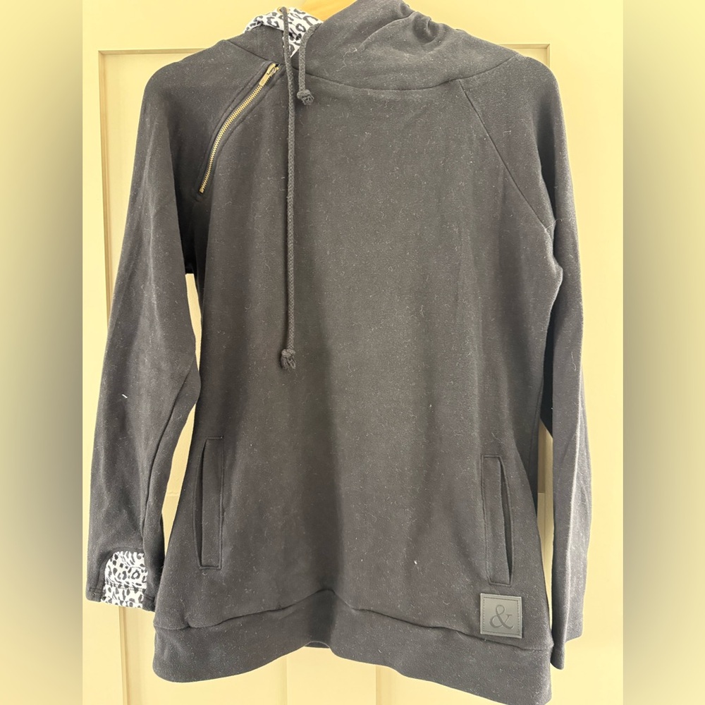 AMPERSAND AVE Black DoubleHoodie with Leopard Details